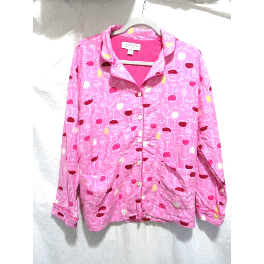 Live Love Lounge Size Medium Pink Rose All Day Wine Glasses Flannel Pajama Top